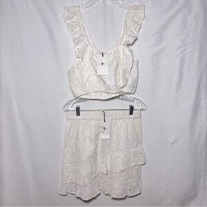 7 For All Mankind White Eyelet Sleeveless Crop Top & Skirt Set M